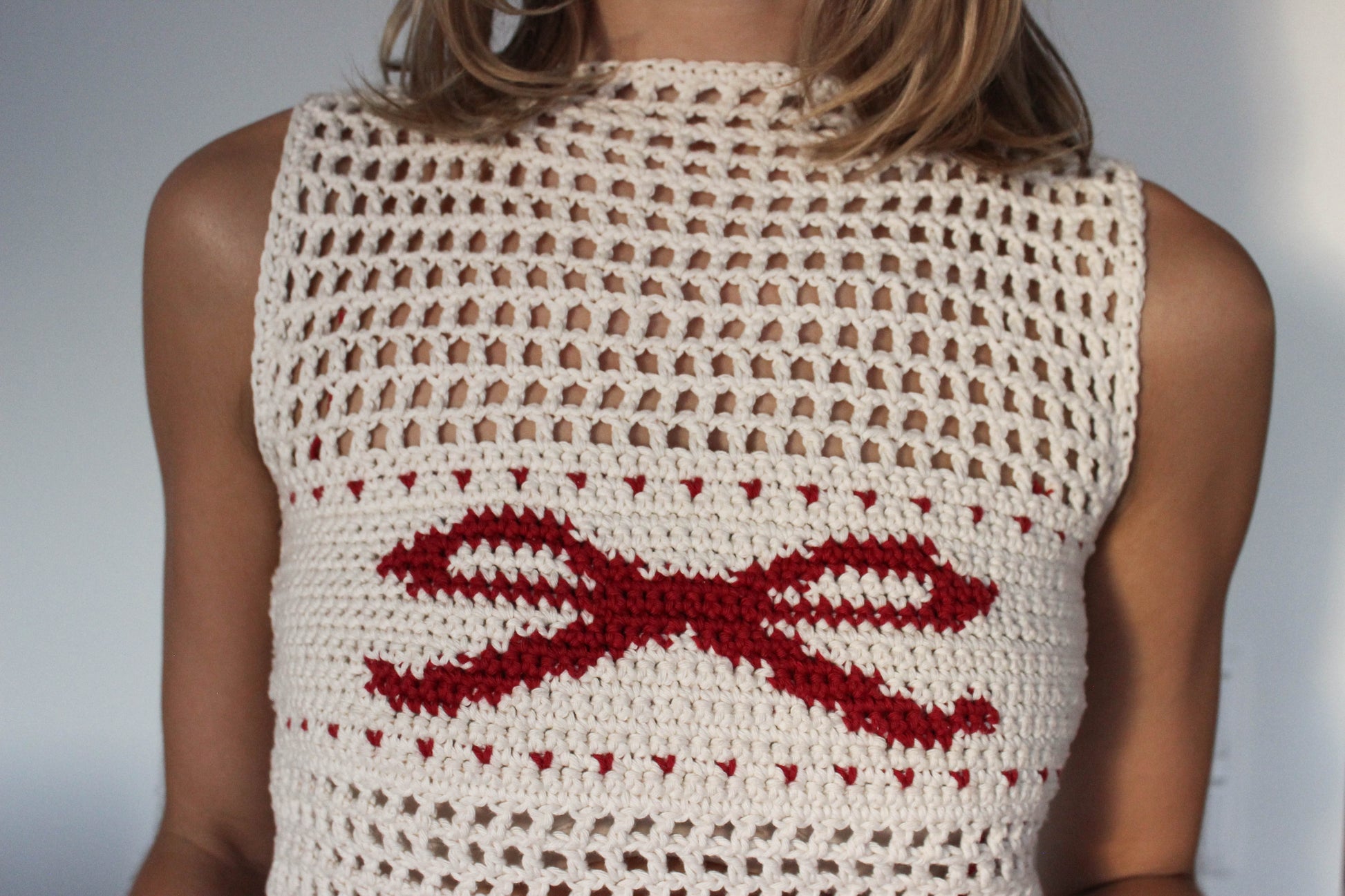Easy Christmas Crochet Top Pattern – Made-to-Measure DIY Bow & Heart Design, Festive,Made-to-Measure, Statement crochet top, Crochet holiday aesthetic, Holiday crochet clothing, Beginner-friendly crochet pattern, Christmas crochet top