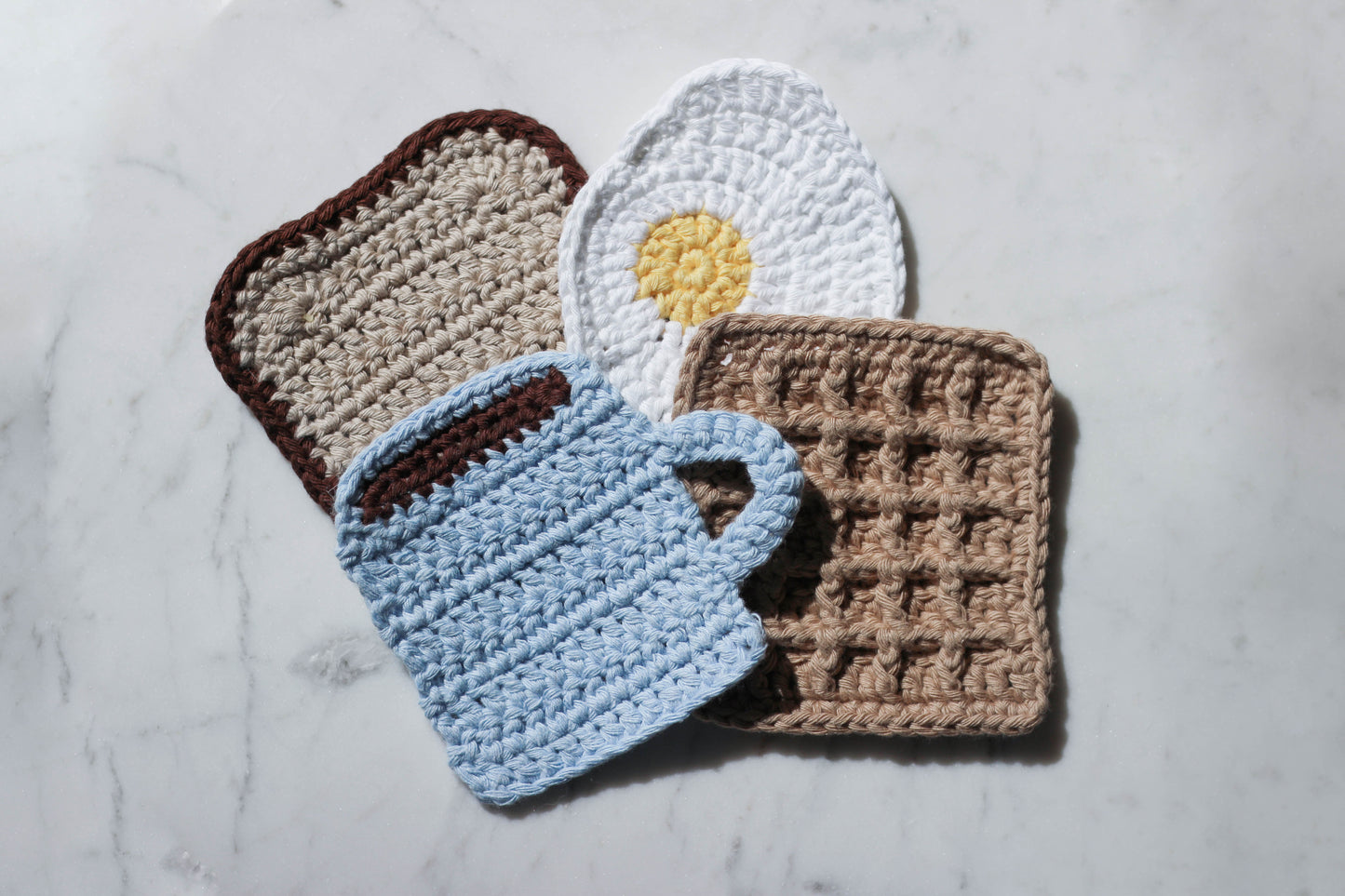 Breakfast collection Crochet Coasters - Bread Slice Toast, Coffee Mug, Waffle, Food - fast crochet project and beginner friendly