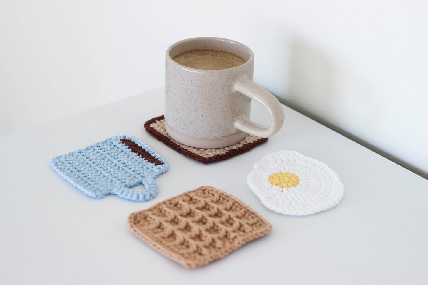 Breakfast collection Crochet Coasters - Bread Slice Toast, Coffee Mug, Waffle, Food - fast crochet project and beginner friendly