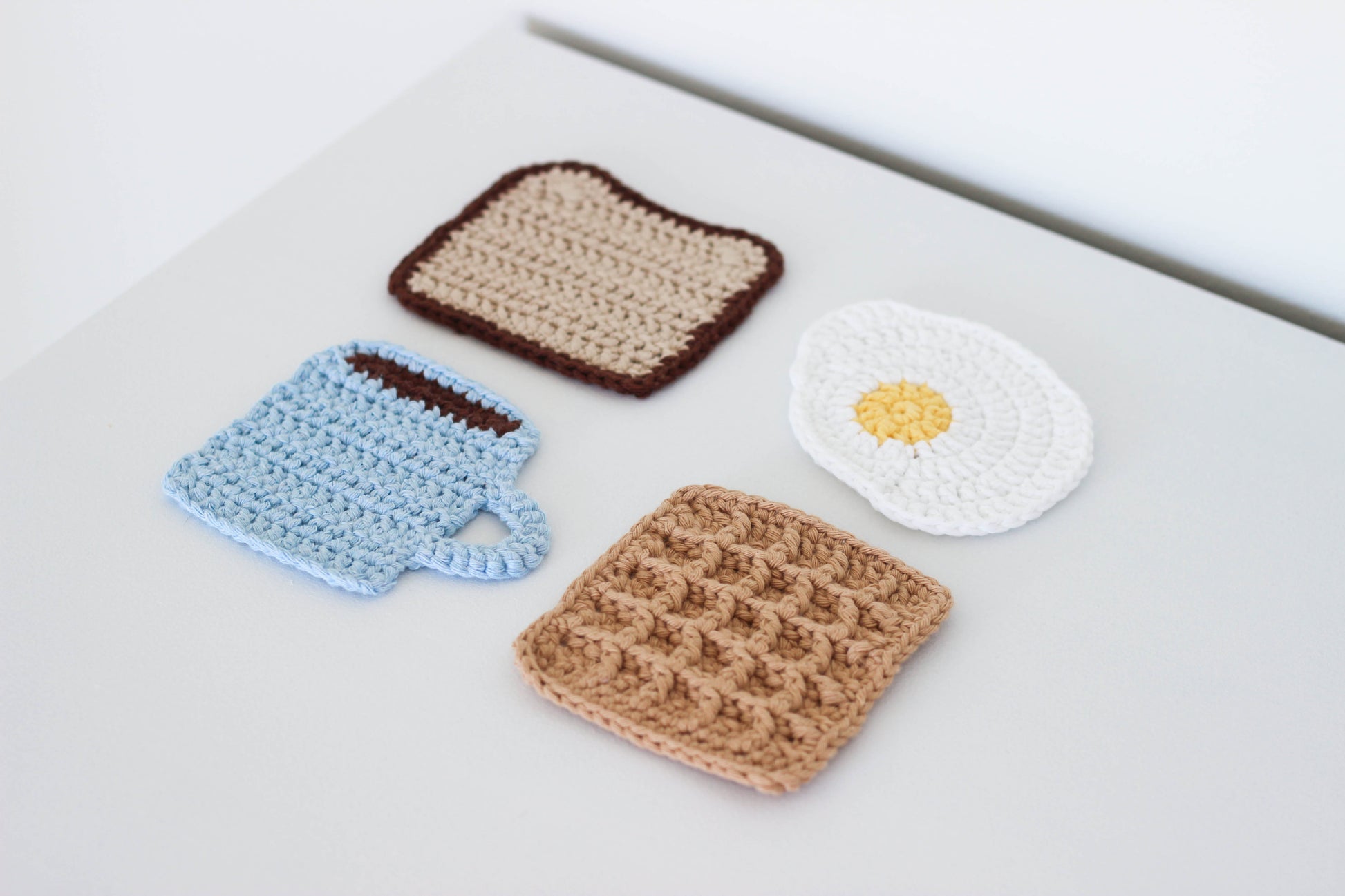 Breakfast collection Crochet Coasters - Bread Slice Toast, Coffee Mug, Waffle, Food - fast crochet project and beginner friendly