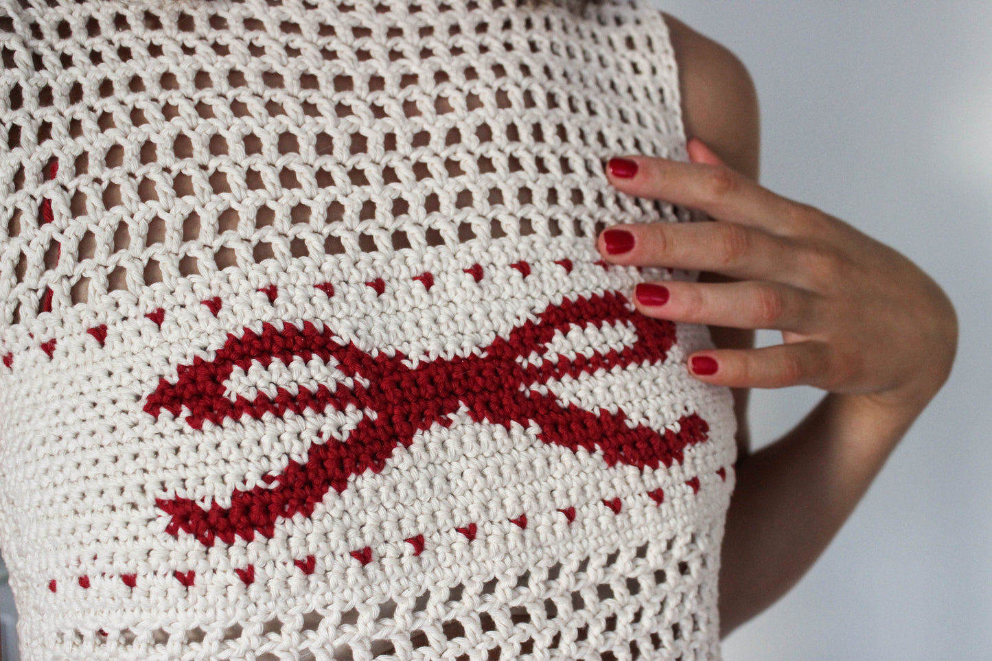 Easy Christmas Crochet Top Pattern – Made-to-Measure DIY Bow & Heart Design, Festive,Made-to-Measure, Statement crochet top, Crochet holiday aesthetic, Holiday crochet clothing, Beginner-friendly crochet pattern, Christmas crochet top